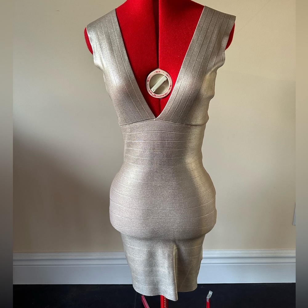 Party Season: Metallic Gold bandage dress with plunging neckline
